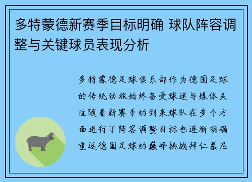 多特蒙德新赛季目标明确 球队阵容调整与关键球员表现分析