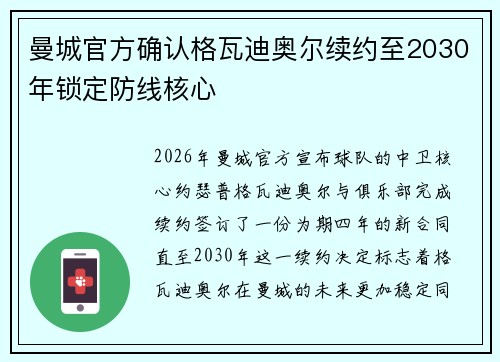 曼城官方确认格瓦迪奥尔续约至2030年锁定防线核心 曼城官方确认格瓦迪奥尔续约至2030年锁定防线核心