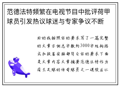 范德法特频繁在电视节目中批评荷甲球员引发热议球迷与专家争议不断