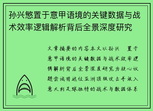 孙兴慜置于意甲语境的关键数据与战术效率逻辑解析背后全景深度研究